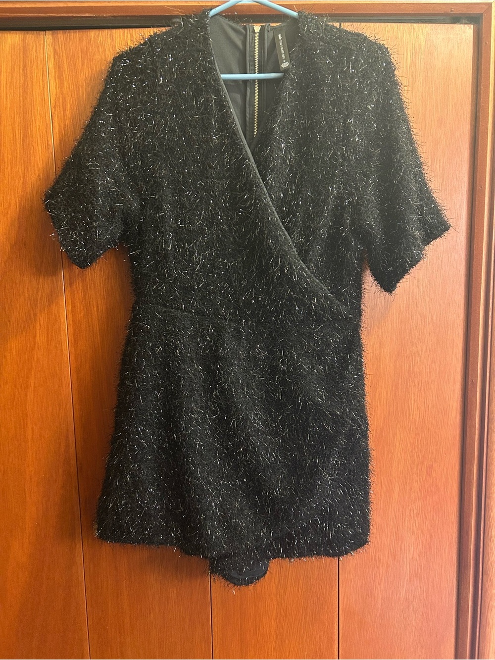 Smash +Tess Hilary Duff Collab Metallic Fuzzy Black Short Sleeve Romper